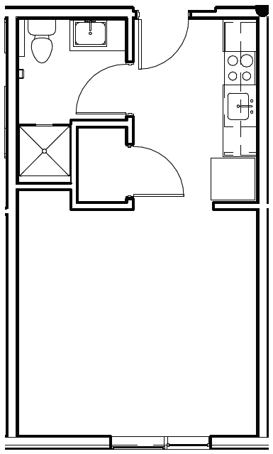 a floor plan of a small room with a bed and a desk